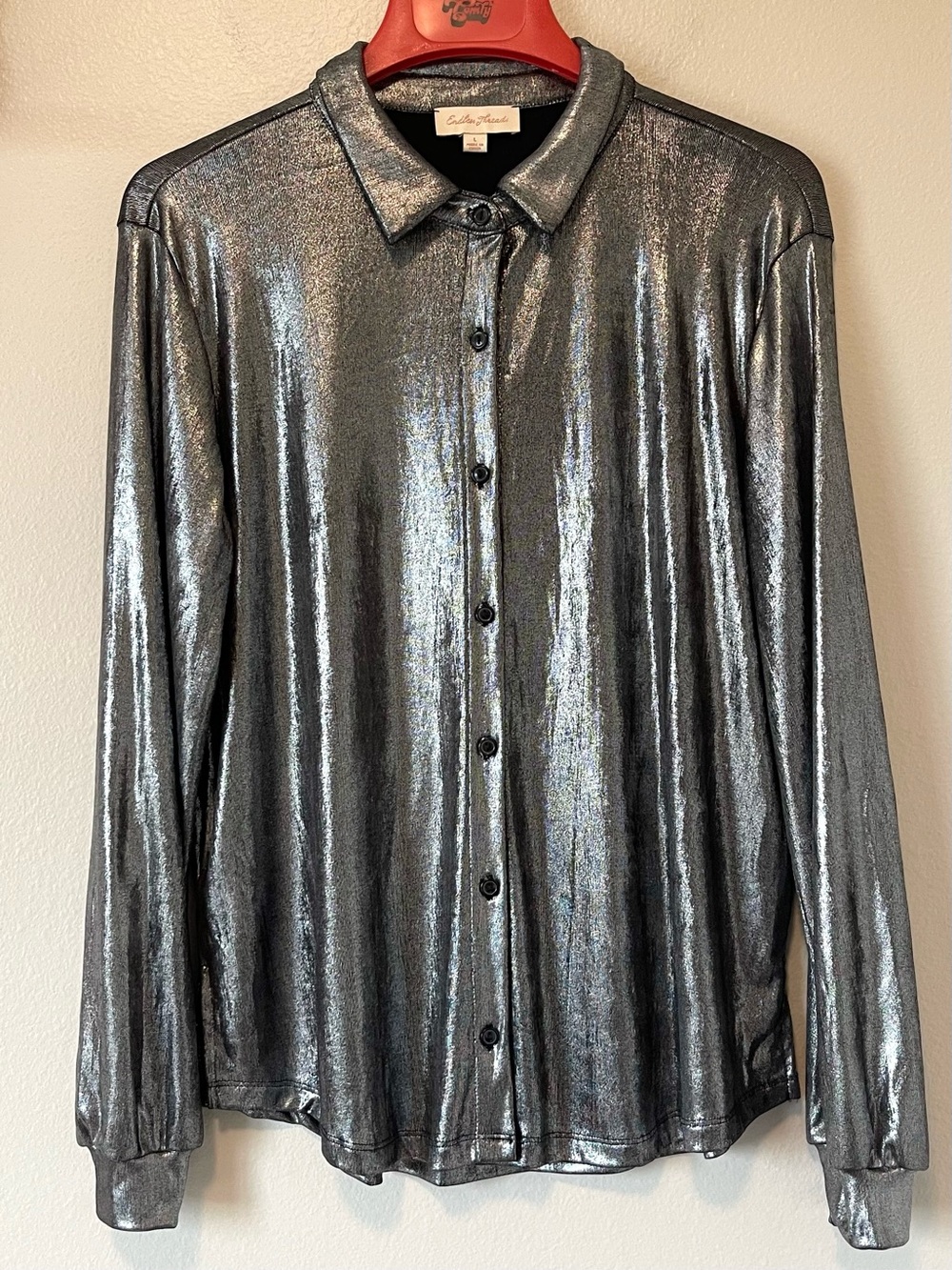 Endless Threads Metallic Button Down Shirt - Silver Gunmetal - Size Large
